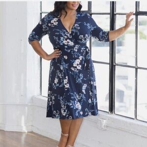 Kiyonna NWT Floral Stretchy Wrap Dress Navy Blue and Pink Size 1X